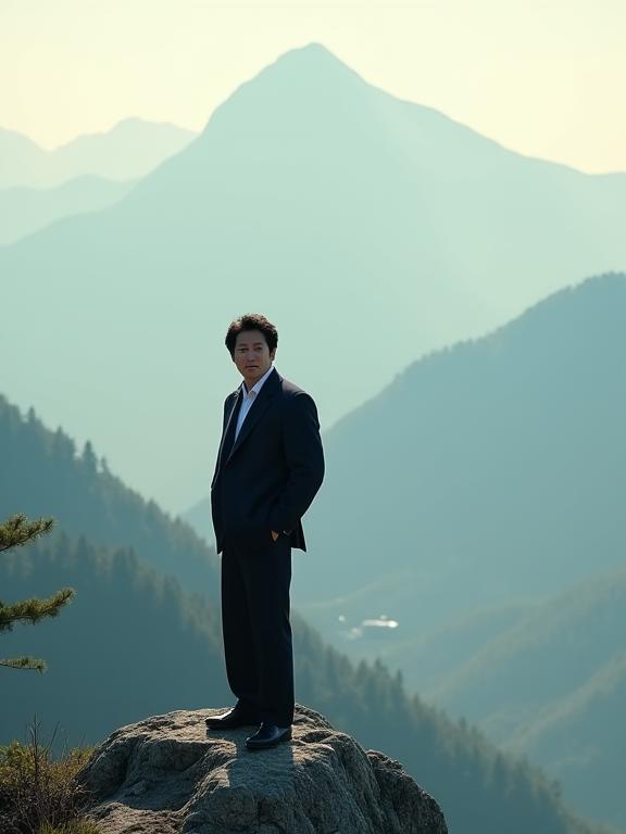 Gahaku Journeysの創設者、田中雅博が日本の山頂で思索に耽る様子