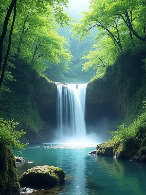 日本の山奥にある静かな滝、瞑想的な雰囲気