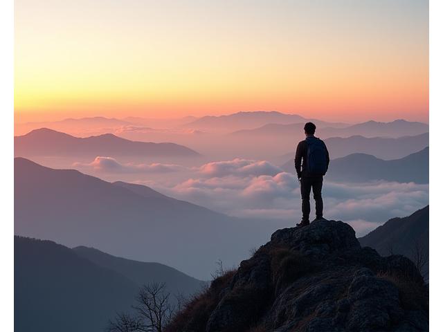 山の頂上から景色を眺めるハイカー